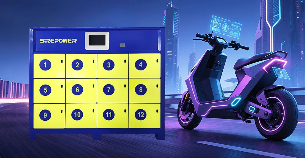 Electric two‑wheeler next to a modern battery swap station